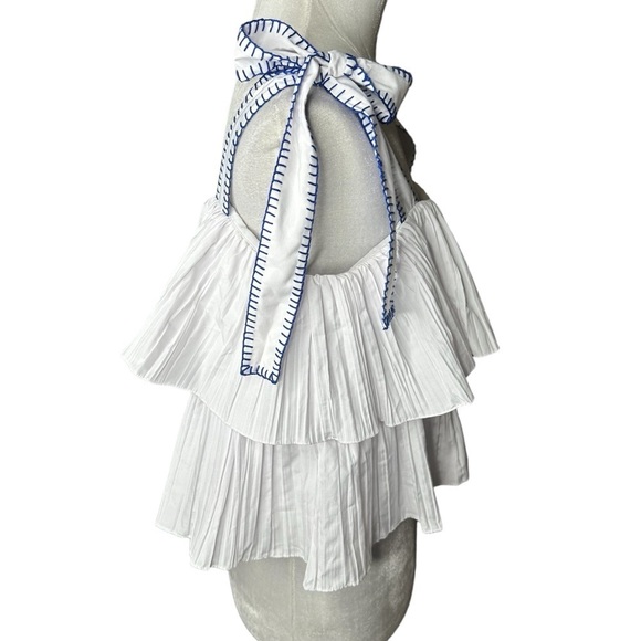 SALONI Jools Ruffled Embroidered Shoulder
Tie Blouse Crop Top White Blue… - Picture 2 of 9